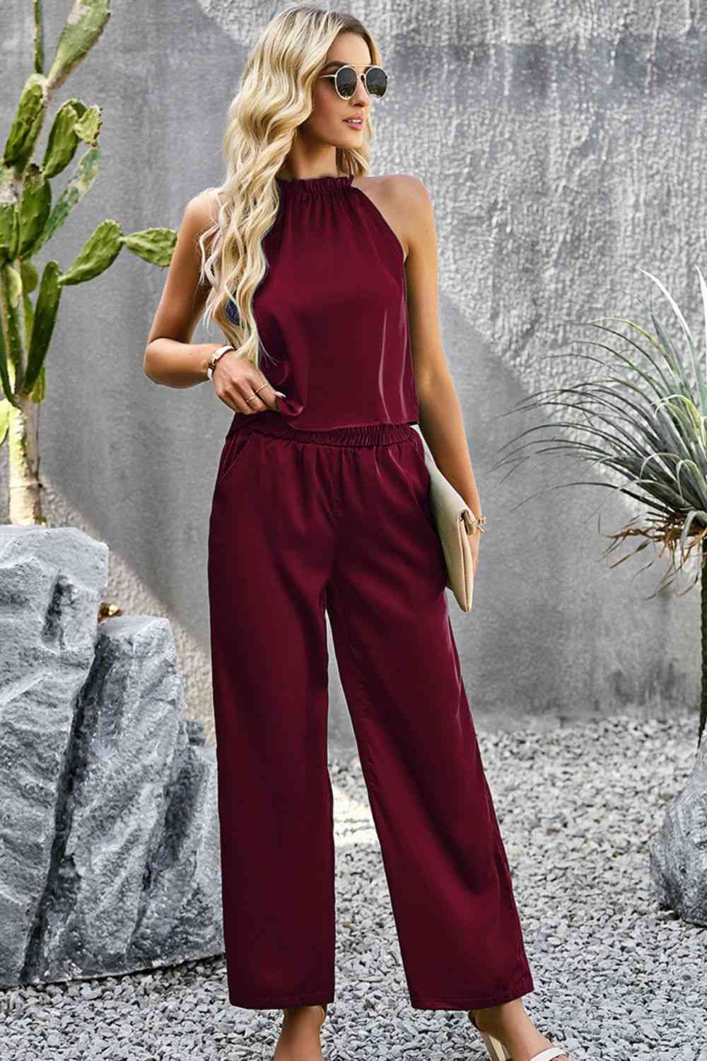 Grecian Neck Sleeveless Pocketed Top and Pants Set | AdoreStarr