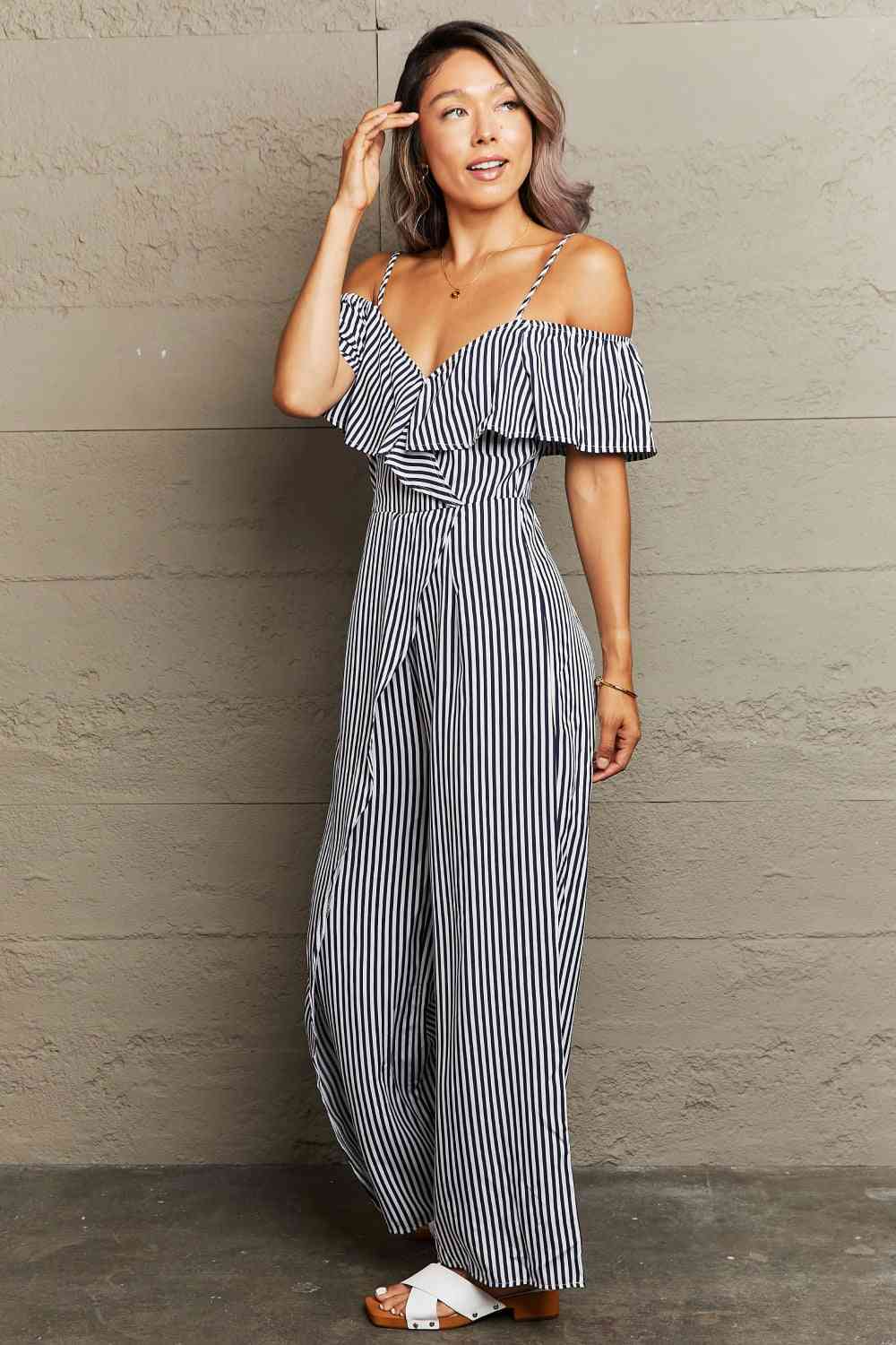 Striped Spaghetti Strap Cold-Shoulder Jumpsuit | AdoreStarr