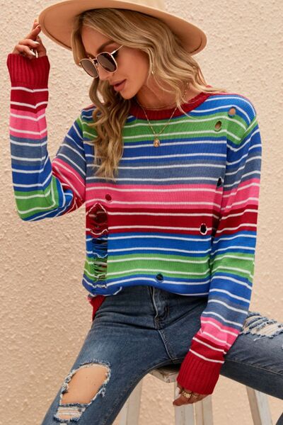 Striped Distressed Cutout Sweater | AdoreStarr