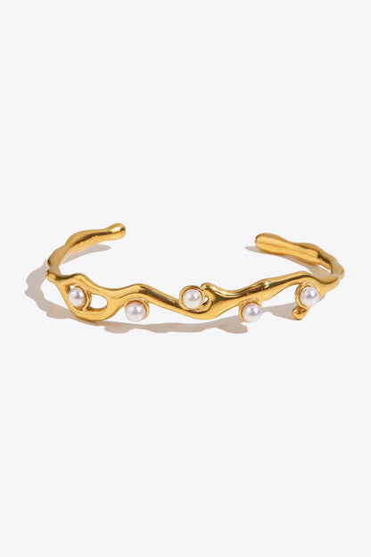 Inlaid Synthetic Pearl Open Bracelet - Gold One Size