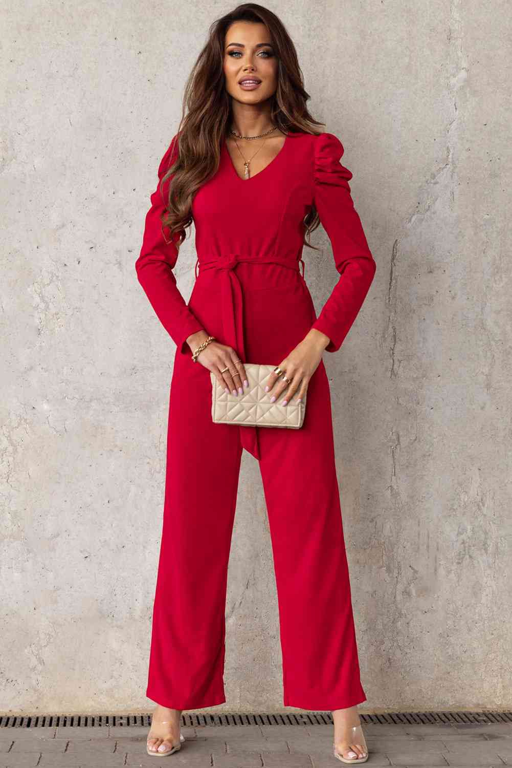 Belted Long Puff Sleeve V-Neck Jumpsuit | AdoreStarr