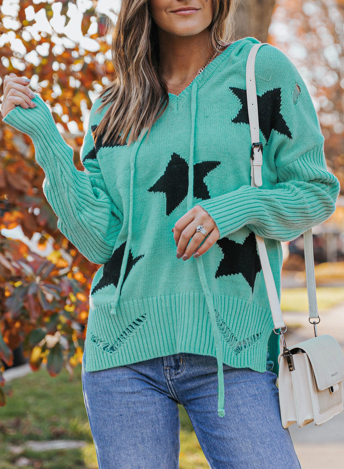 Star Distressed Slit Hooded Sweater - Green