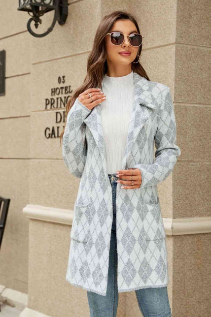 Printed Open Front Lapel Collar Cardigan - White Gray