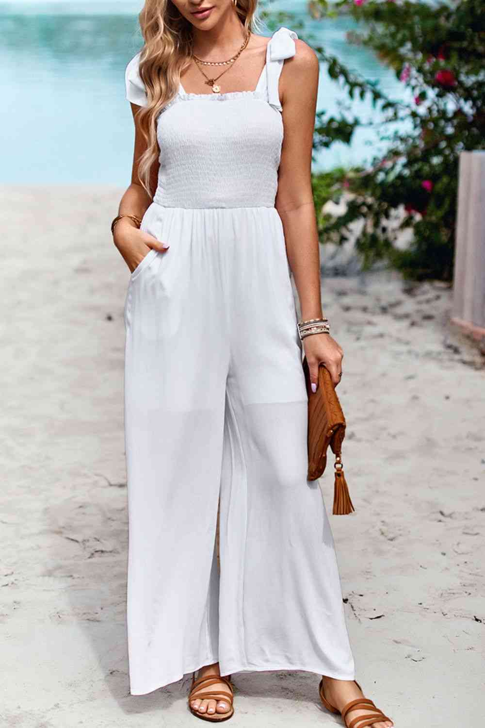 Frill Trim Tie Shoulder Wide Leg Jumpsuit