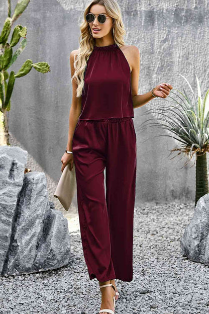 Grecian Neck Sleeveless Pocketed Top and Pants Set | AdoreStarr