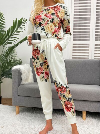 Printed Top and Drawstring Pants Lounge Set | AdoreStarr