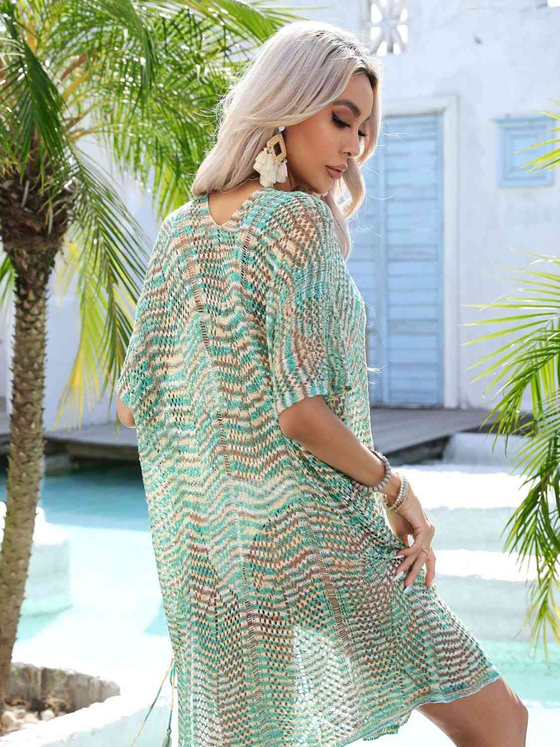 Multicolored Openwork Tassel Slit Cover-Up - Green One Size