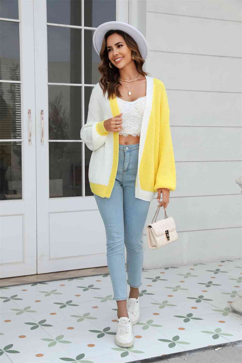 Open Front Contrast Color Balloon Sleeve Cardigan | AdoreStarr