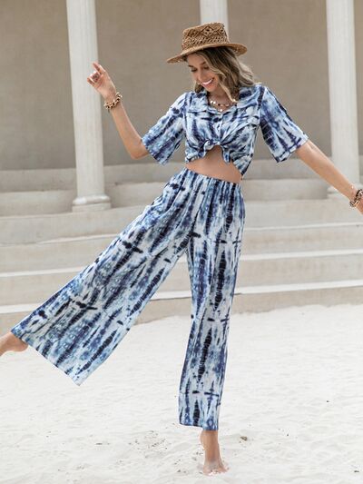 Printed Short Sleeve Shirt and Pants Set | AdoreStarr