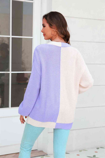 Open Front Contrast Color Balloon Sleeve Cardigan - Lavender