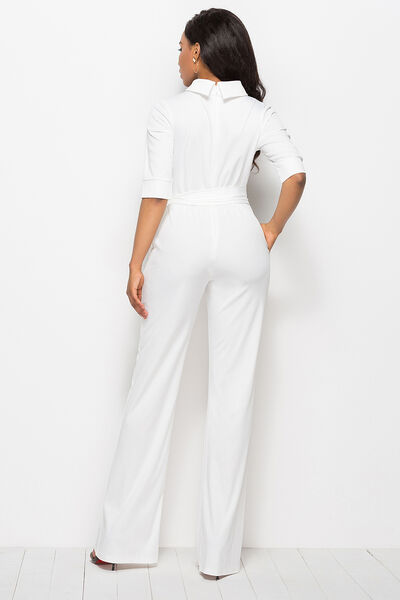 Mock Neck Tie-Waist Half Sleeve Jumpsuit | AdoreStarr