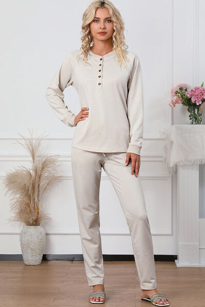 Half Button Round Neck Top and Drawstring Pants Lounge Set | AdoreStarr