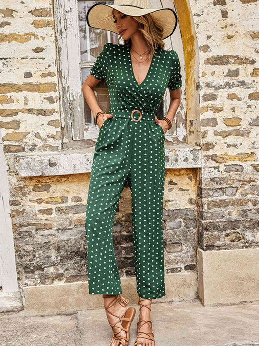 Polka Dot Belted Flounce Sleeve Jumpsuit with Pockets | AdoreStarr