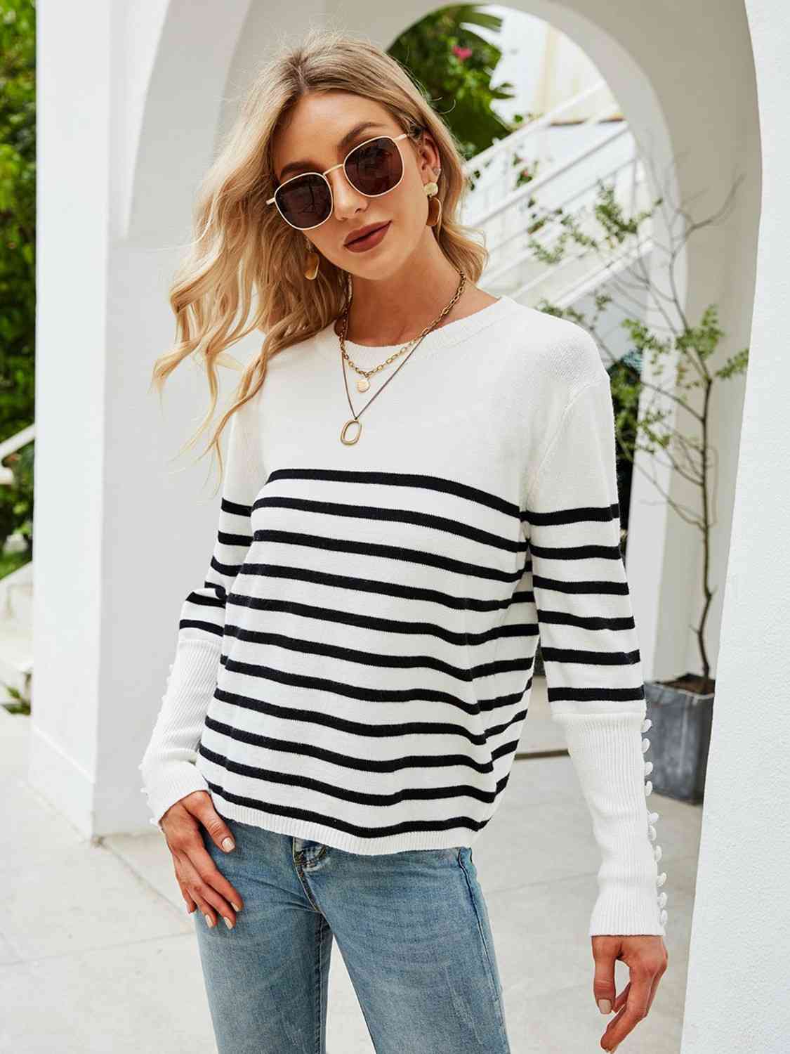 Striped Decorative Button Knit Top | AdoreStarr