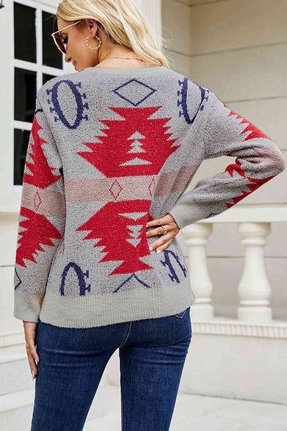 Printed Round Neck Long Sleeve Sweater | AdoreStarr