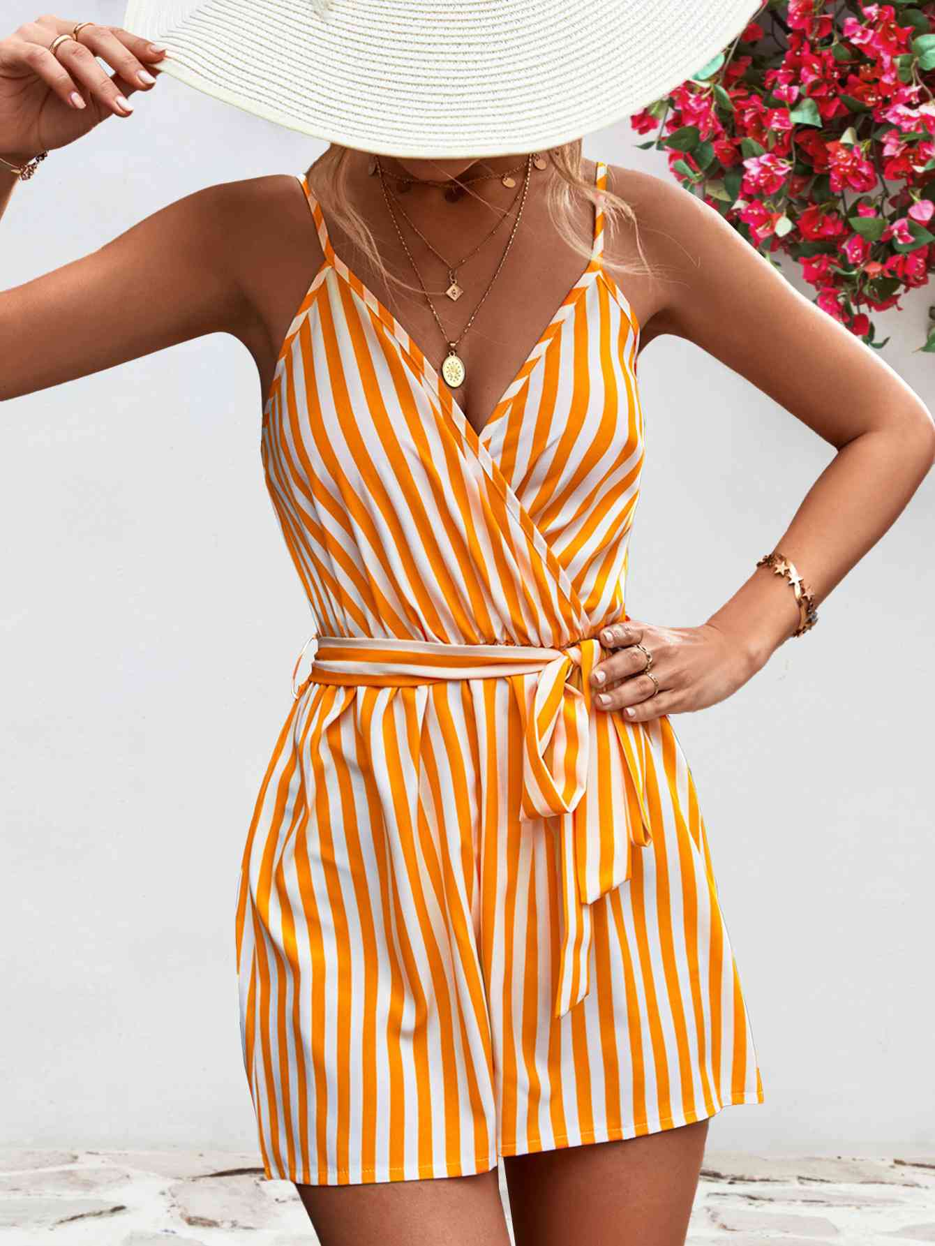 Striped Tie Waist Spaghetti Strap Romper | AdoreStarr