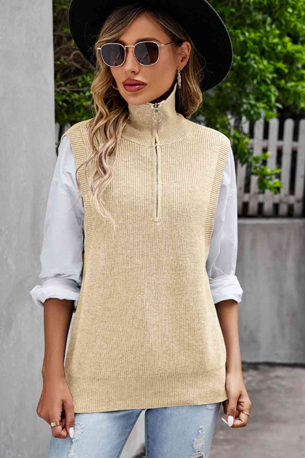 Quarter-Zip Ribbed Sweater Vest | AdoreStarr