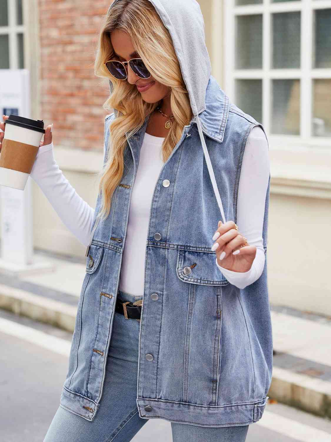 Drawstring Hooded Sleeveless Denim Jacket | AdoreStarr