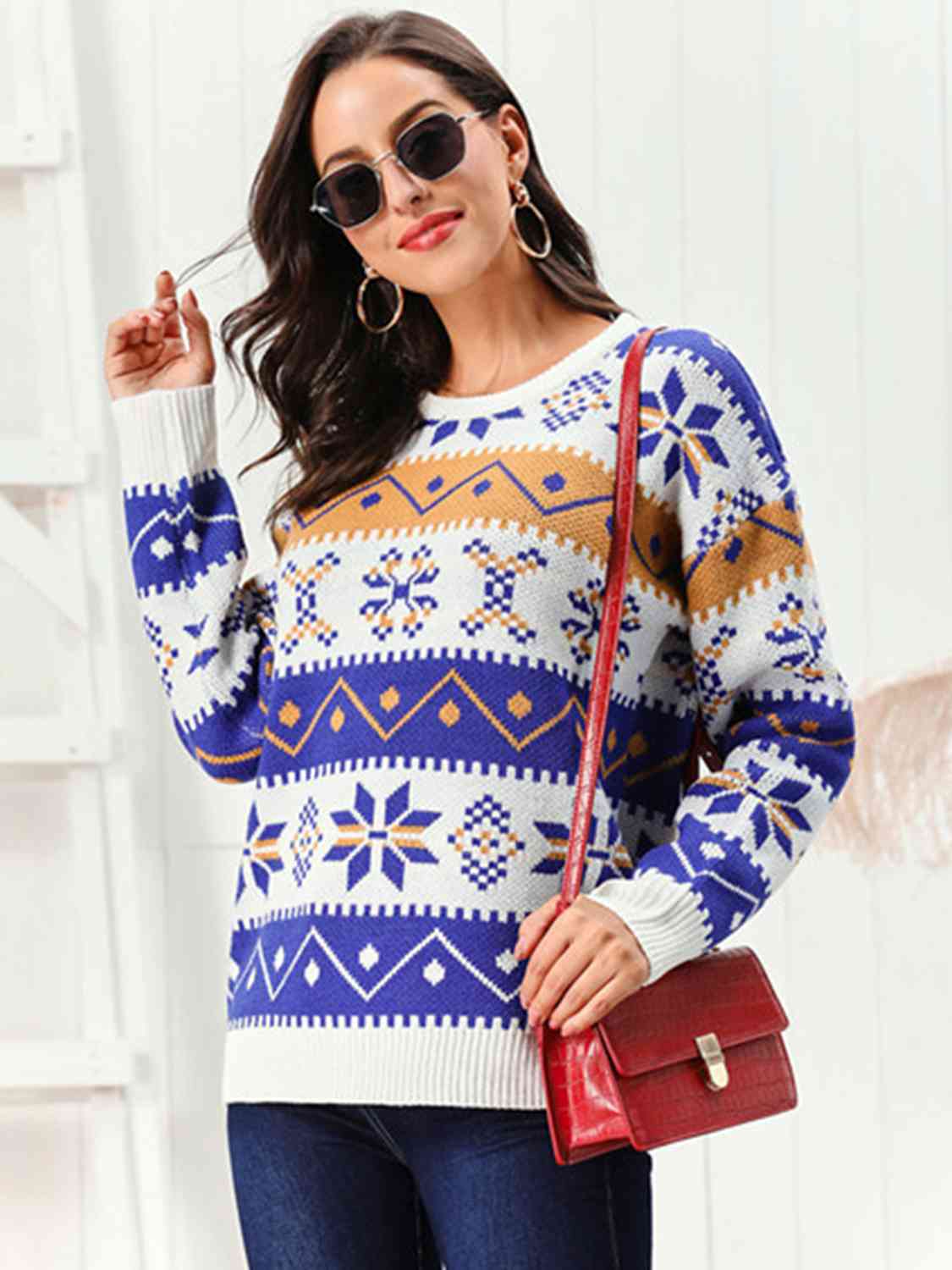 Snowflake Pattern Round Neck Sweater | AdoreStarr