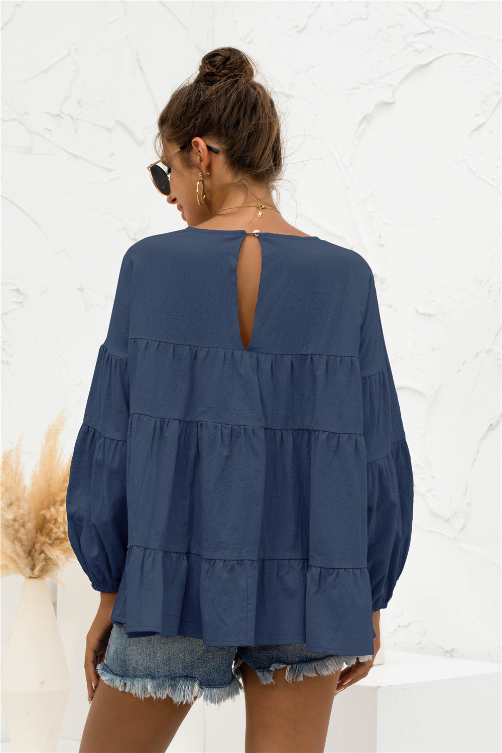 Round Neck Bubble Sleeve Tiered Blouse | AdoreStarr