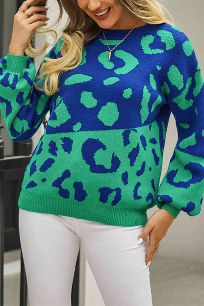 Leopard Round Neck Dropped Shoulder Sweater | AdoreStarr