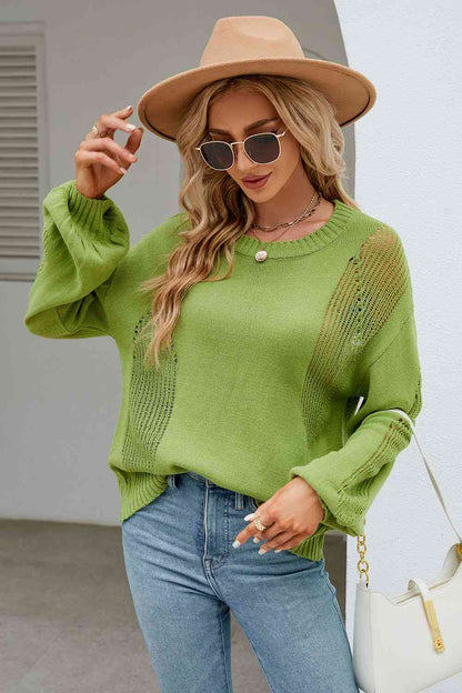 Openwork Dropped Shoulder Knit Top - Mid Green