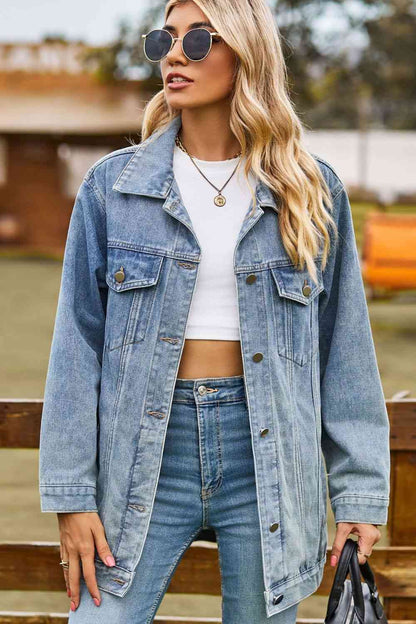 Buttoned Collared Neck Denim Jacket - Light Blue Wash