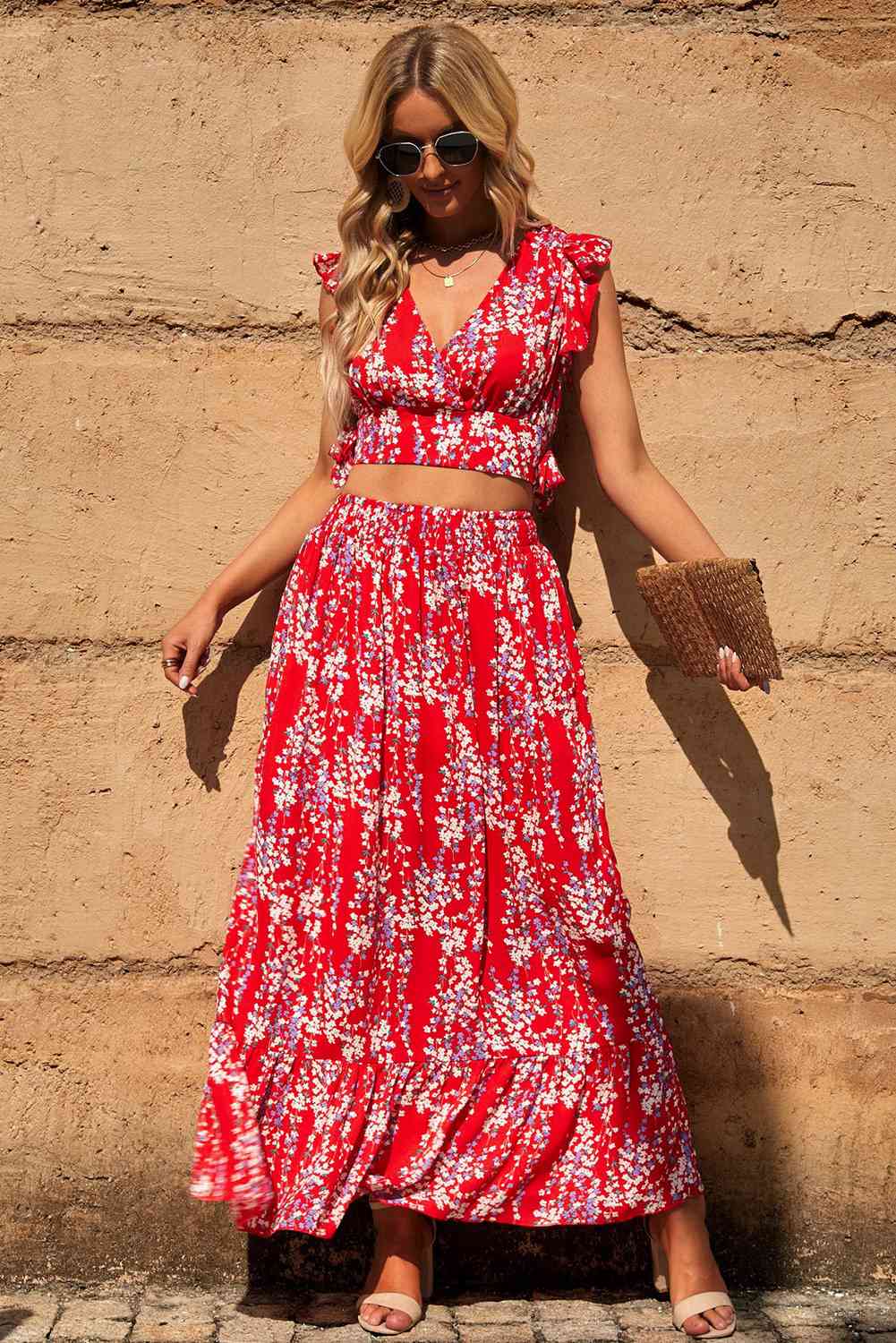 Printed Tie Back Cropped Top and Maxi Skirt Set | AdoreStarr