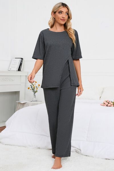 Slit Round Neck Top and Pants Lounge Set | AdoreStarr