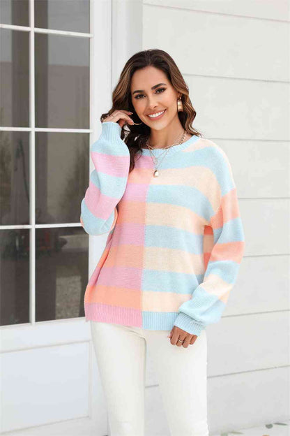 Round Neck Color Block Pullover Sweater - Blush Pink