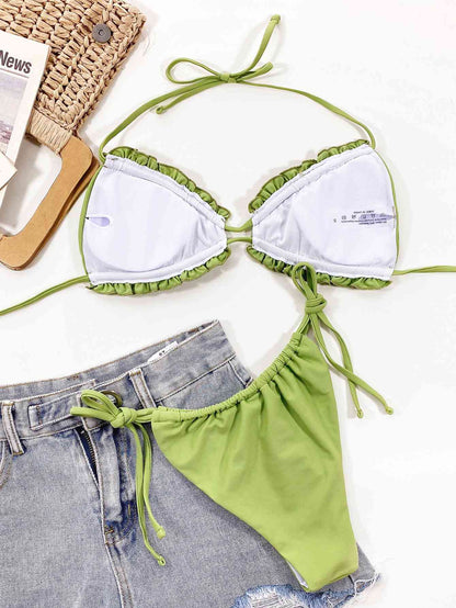 Frill Trill Halter Neck Bikini Set - Lime