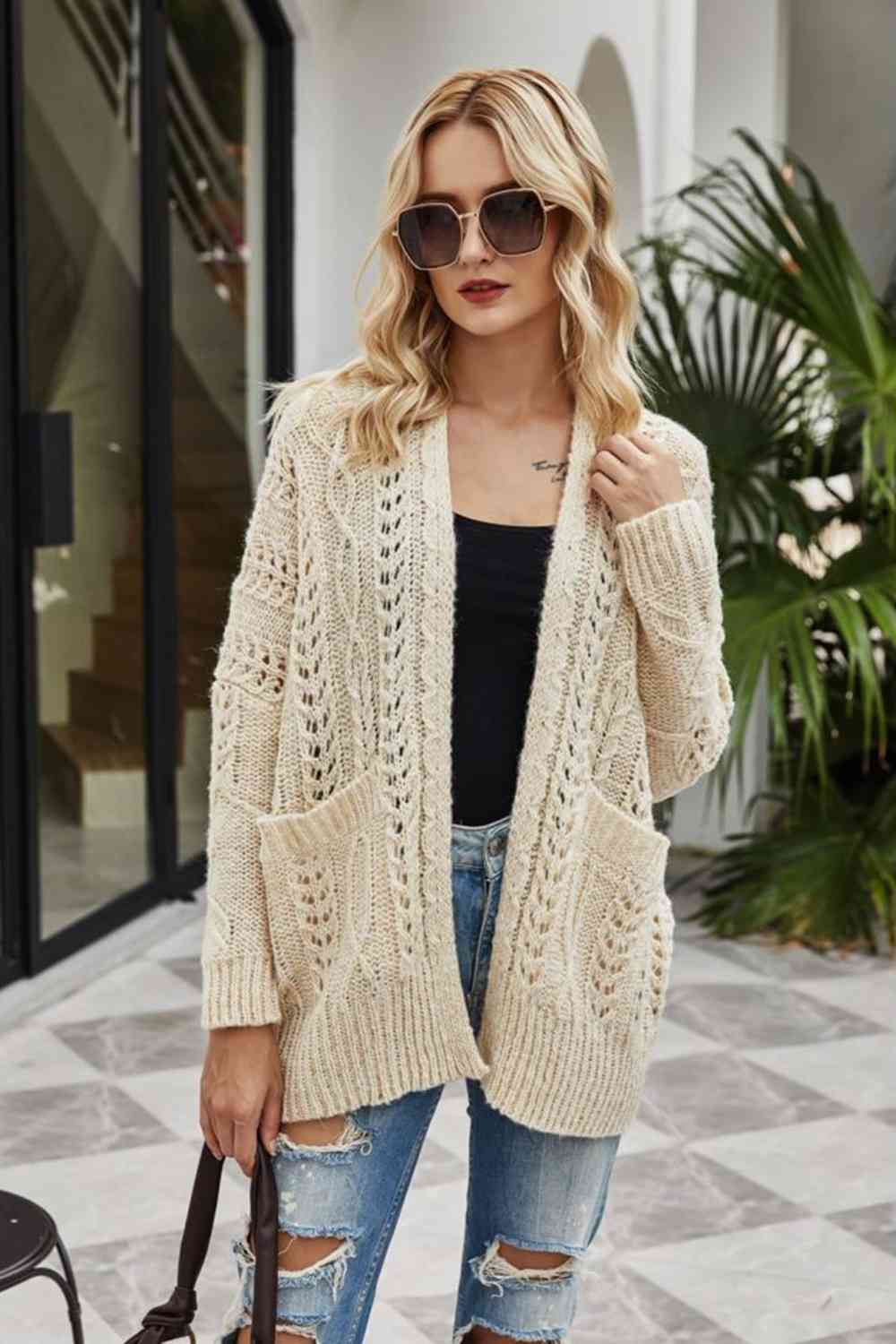 Ribbed Trim Openwork Open Front Cardigan