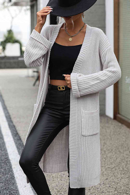 Dropped Shoulder Long Sleeve Cardigan - Light Gray