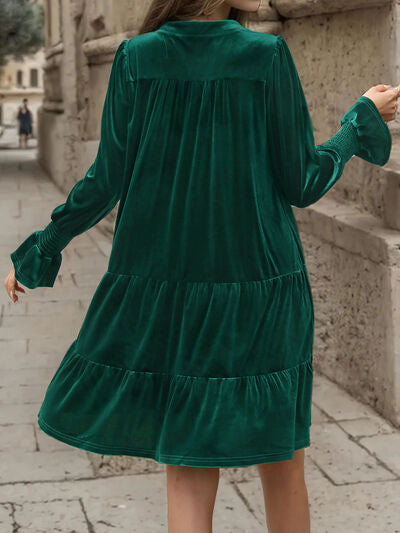 Notched Long Sleeve Tiered Dress | AdoreStarr
