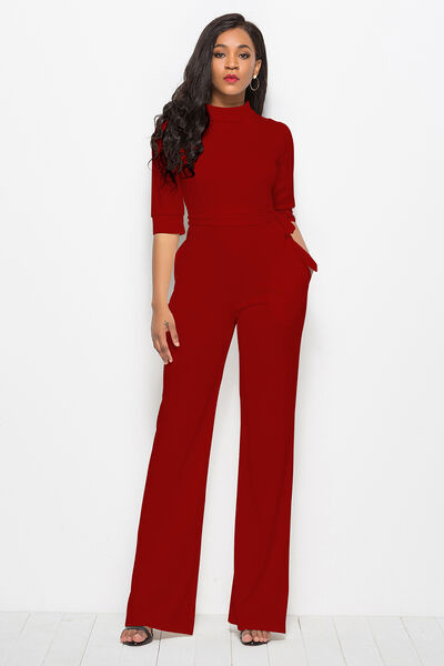 Mock Neck Tie-Waist Half Sleeve Jumpsuit | AdoreStarr