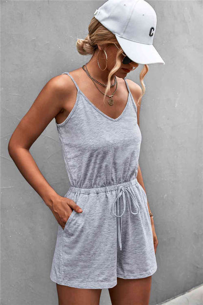 Spaghetti Strap V-Neck Pocket Romper - Gray Dawn