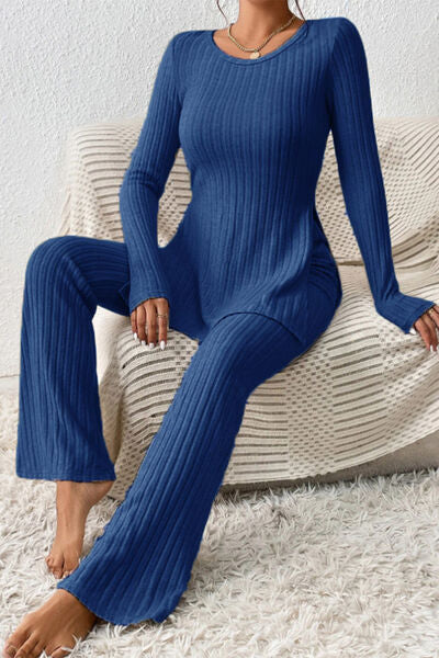 Ribbed Long Sleeve Slit Top and Bootcut Pants Set - Royal Blue