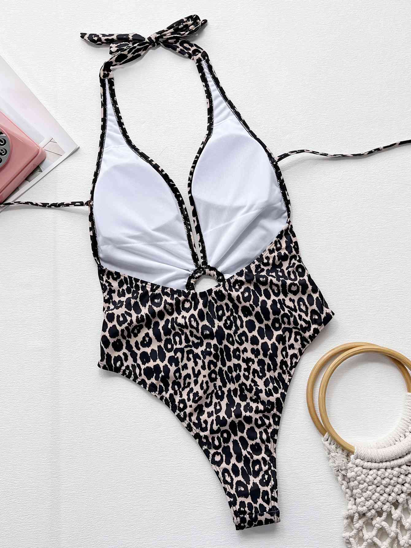 Leopard Halter Neck Ring Detail One-Piece Swimsuit | AdoreStarr