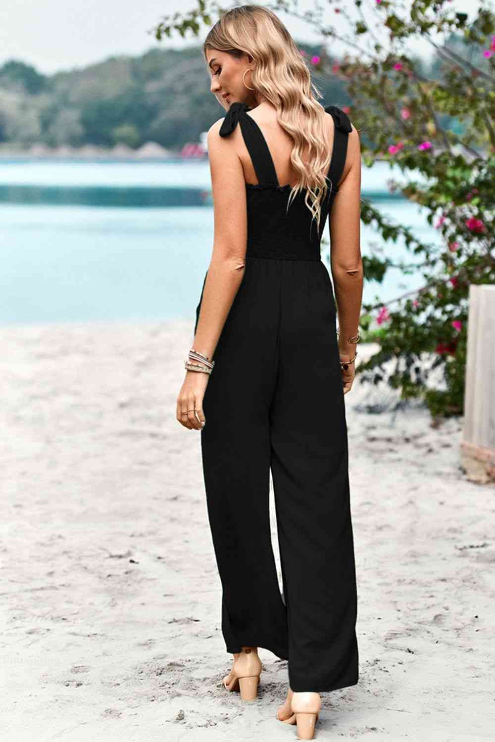 Frill Trim Tie Shoulder Wide Leg Jumpsuit