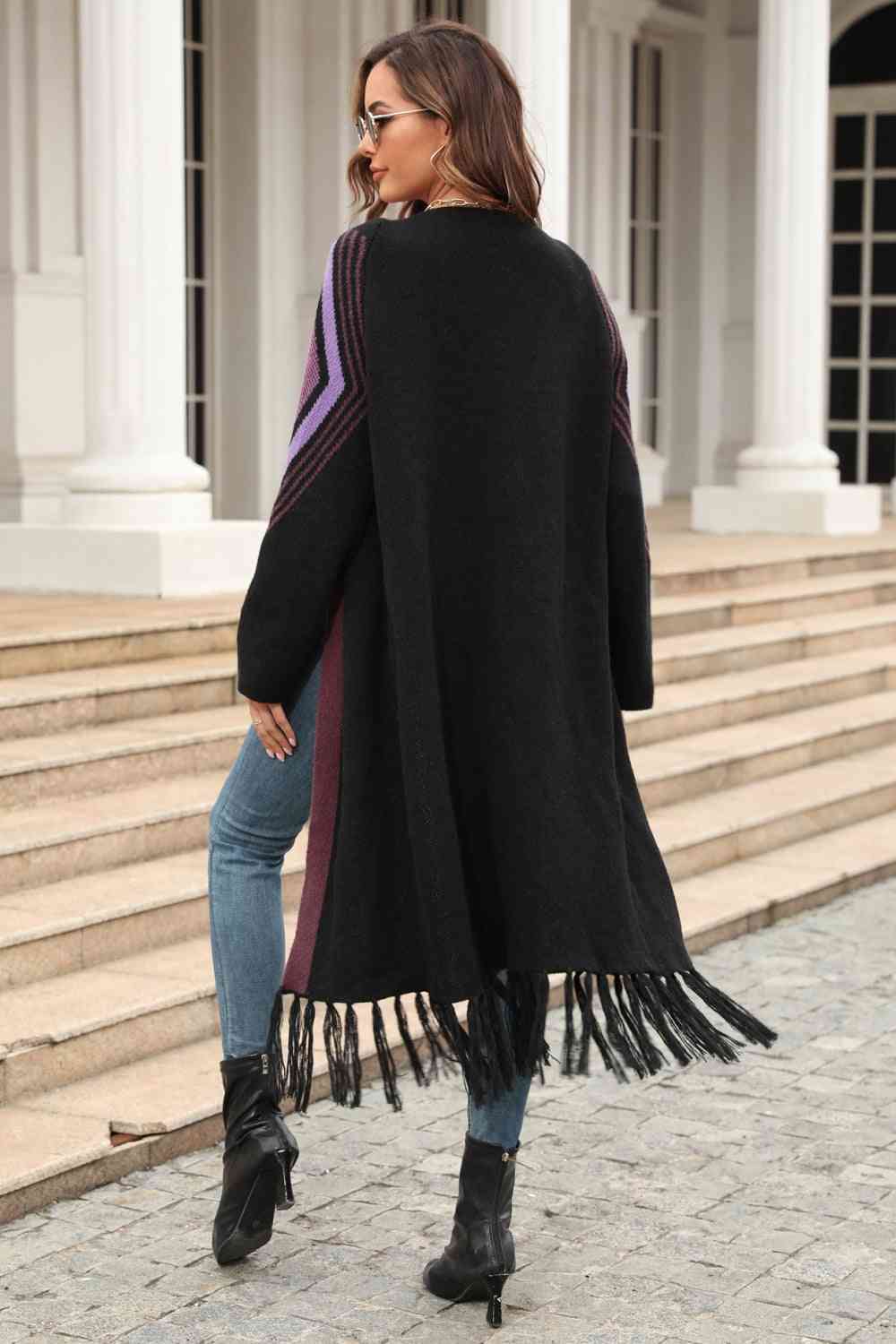 Geometric Fringe Hem Open Front Duster Cardigan | AdoreStarr