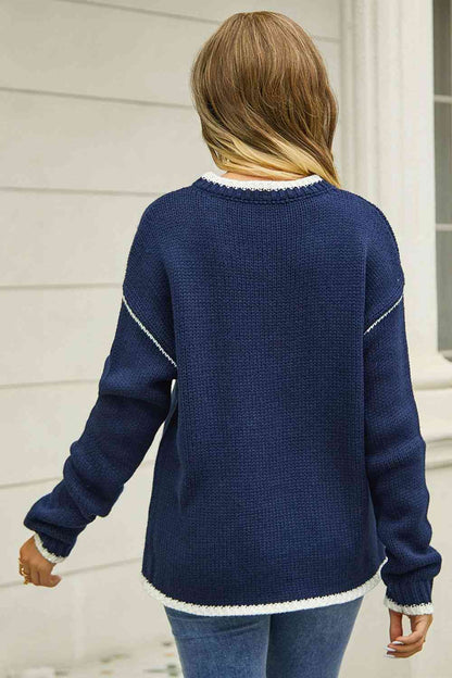 Round Neck Long Sleeve Waffle-Knit Sweater - Navy Blue