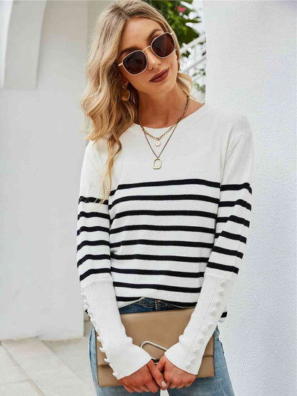 Striped Decorative Button Knit Top | AdoreStarr