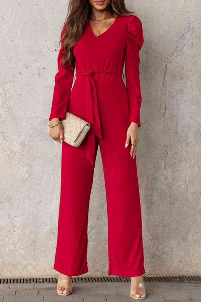 Belted Long Puff Sleeve V-Neck Jumpsuit | AdoreStarr