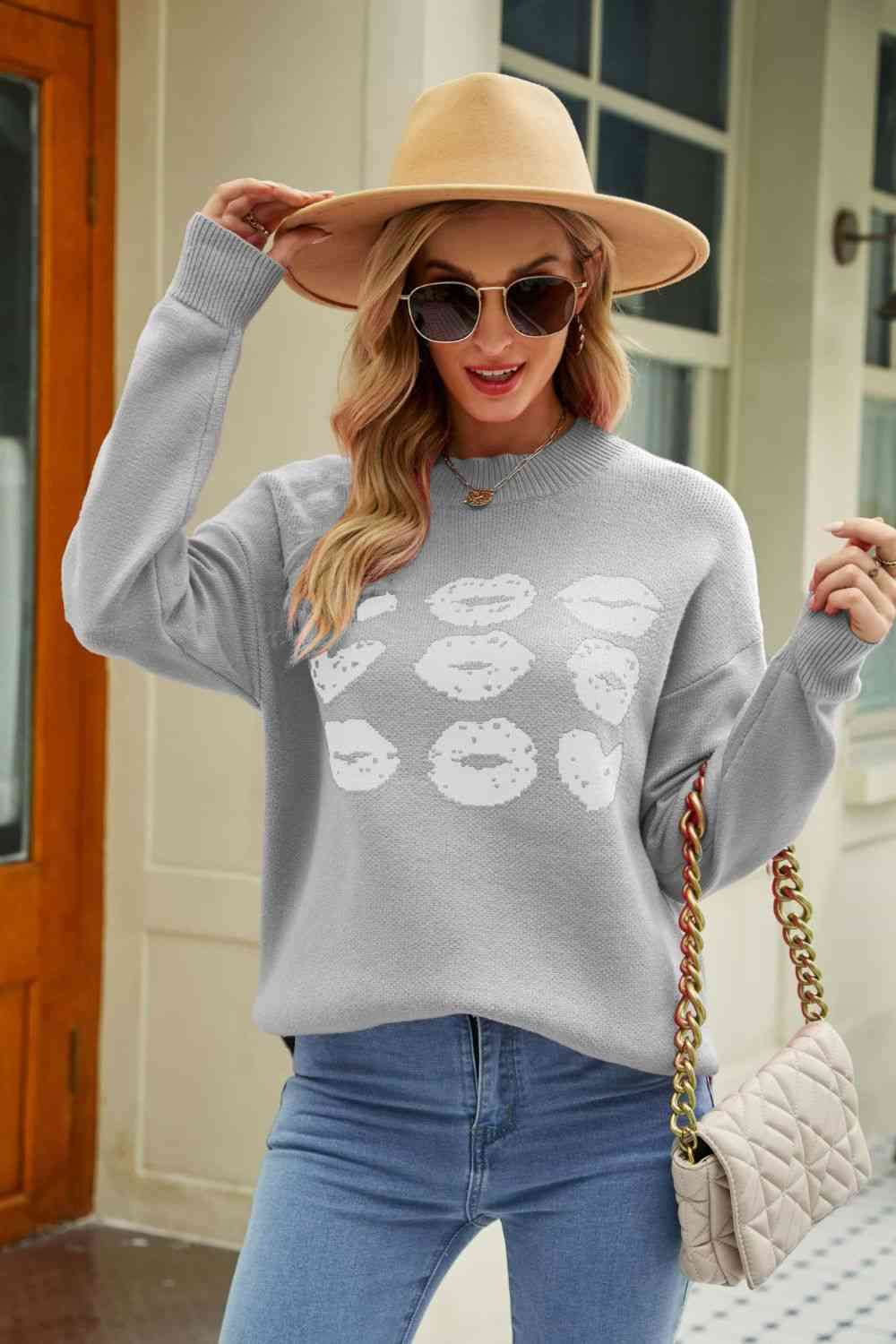 Lip Graphic Slit Dropped Shoulder Sweater - Gray