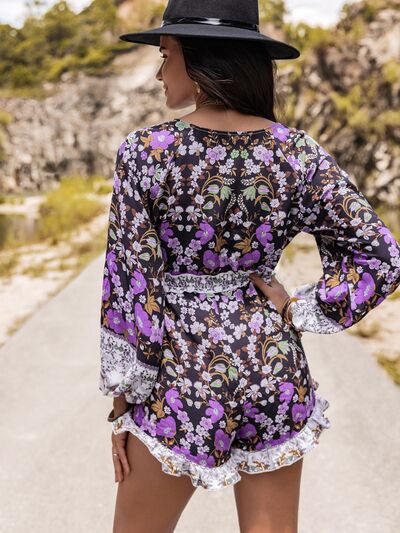 Printed Frill Half Button Balloon Sleeve Romper