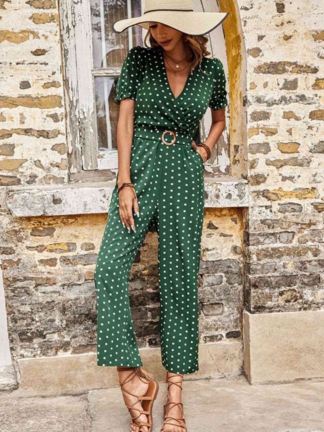 Polka Dot Belted Flounce Sleeve Jumpsuit with Pockets | AdoreStarr