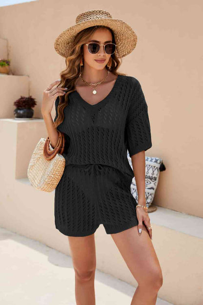 Openwork V-Neck Top and Shorts Set | AdoreStarr