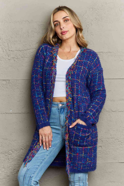 Plaid Fringe Trim Open Front Longline Cardigan - Navy Blue