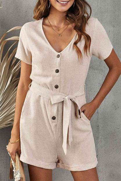 V-Neck Short Sleeve Tie Belt Romper | AdoreStarr