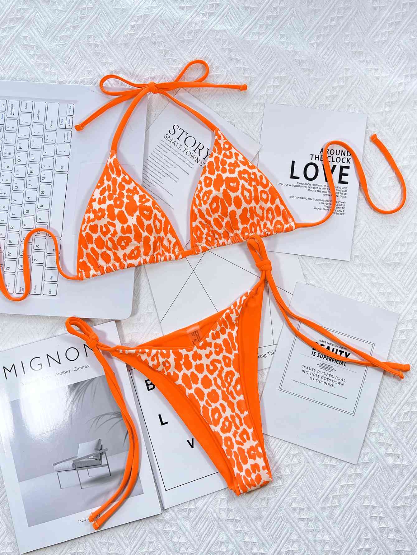 Leopard Print Tie Side Bikini Set - Tangerine